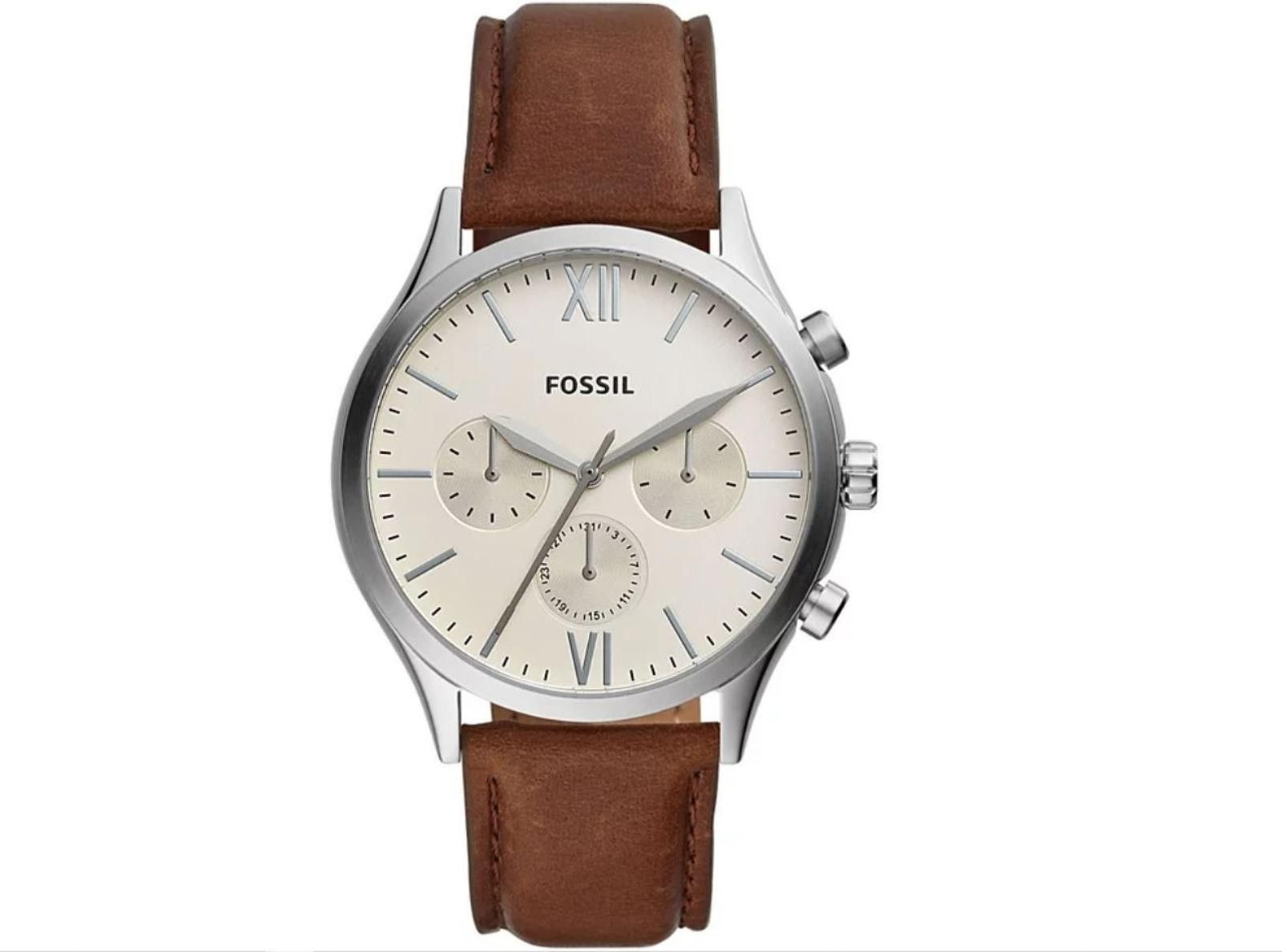 Men's Fossil Watch White Dial Brown Leather Band
