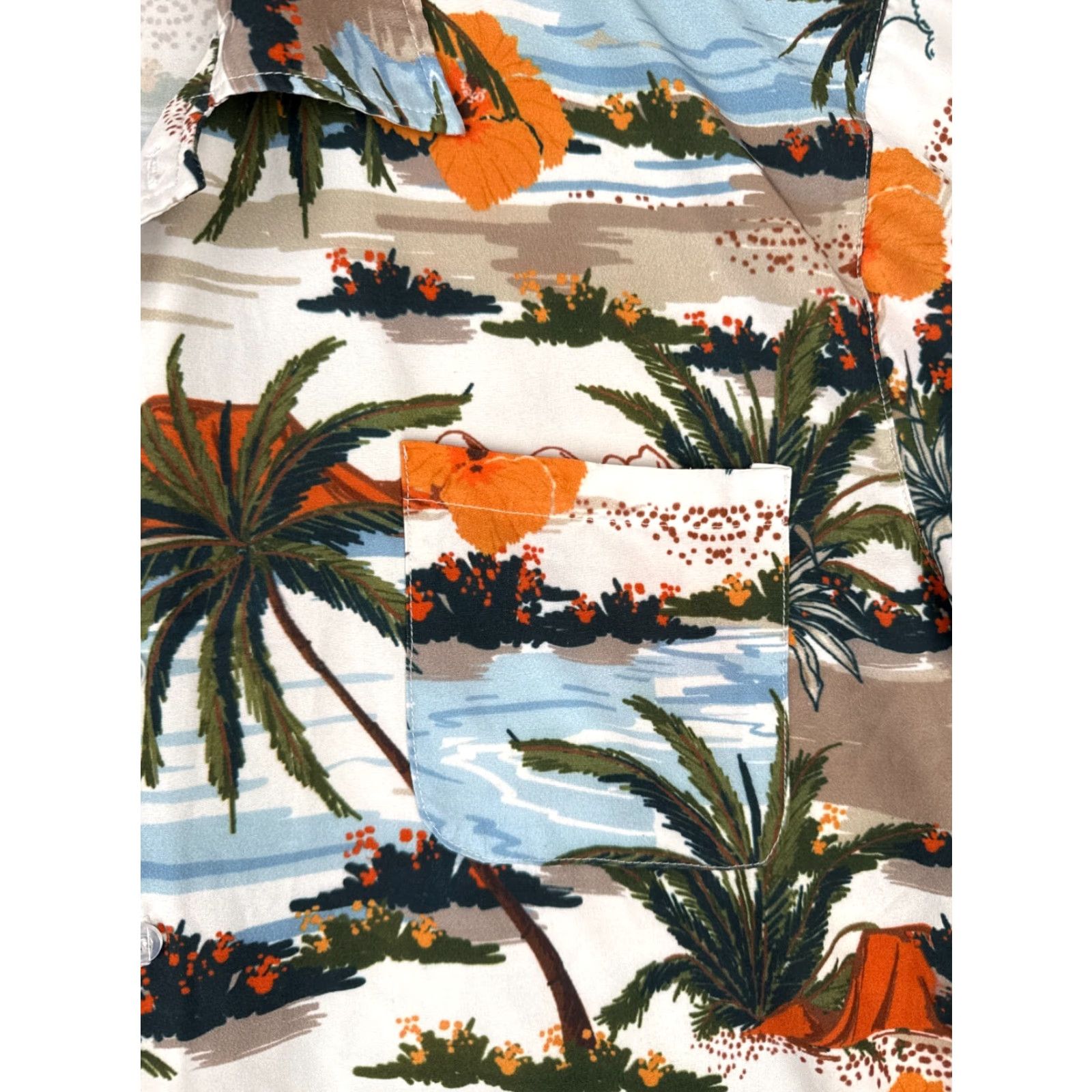 Vintage Palm Island Button-Up Hawaiian Shirt Adult Large Blue White Orange Palm Tree Beach Scene Aloha Luau Vacation Floral Short Sleeve Shirt Mens Regular Size US L / EU 52-54 / 3 - 6 Thumbnail