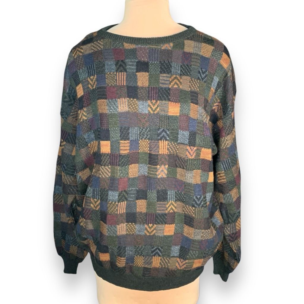 Vintage Farah Patchwork Knit Sweater Multicolor Geometric Pa