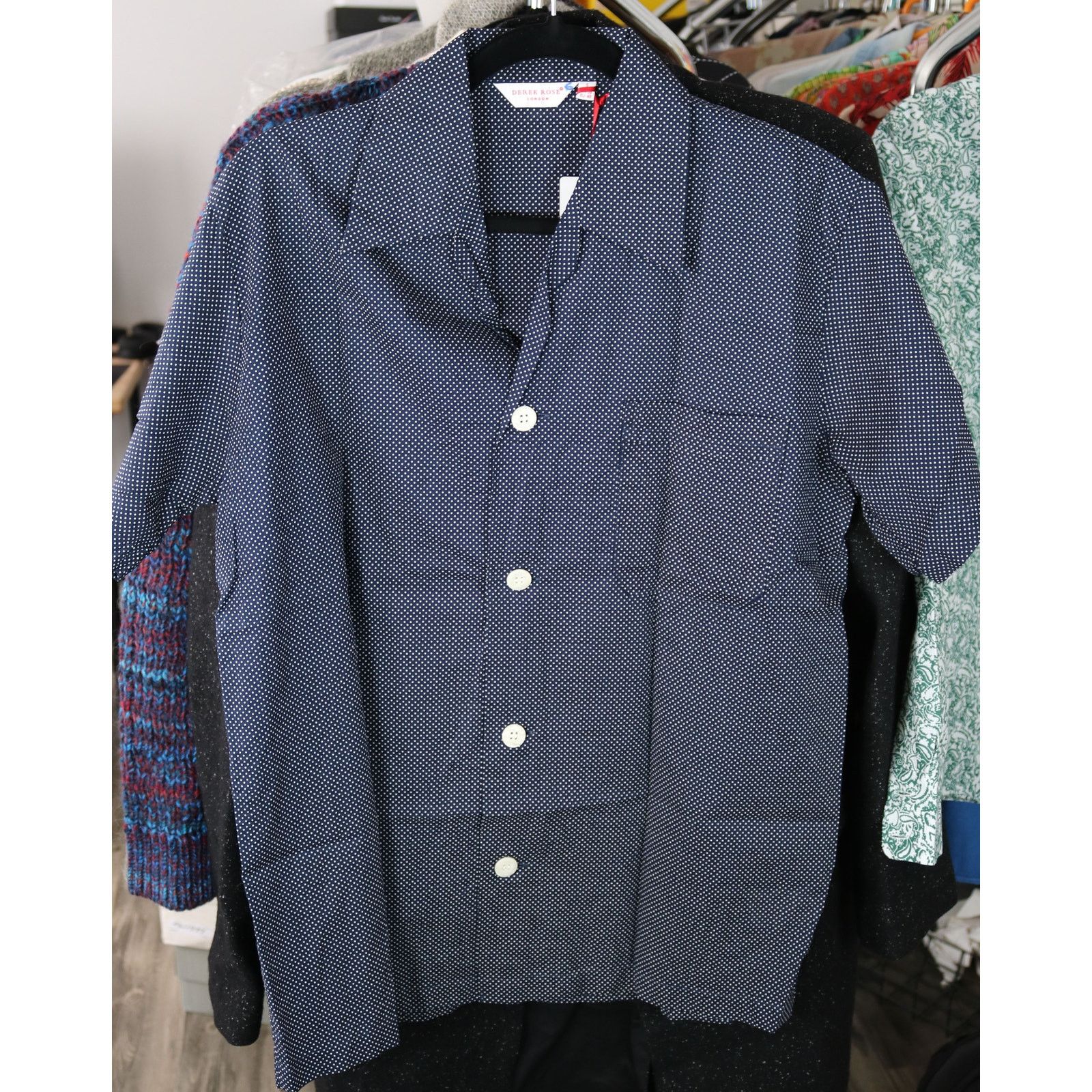 image of Derek Rose Short Sleeve Polka Dot Shirt 38 in Blue, Men's (Size Small)