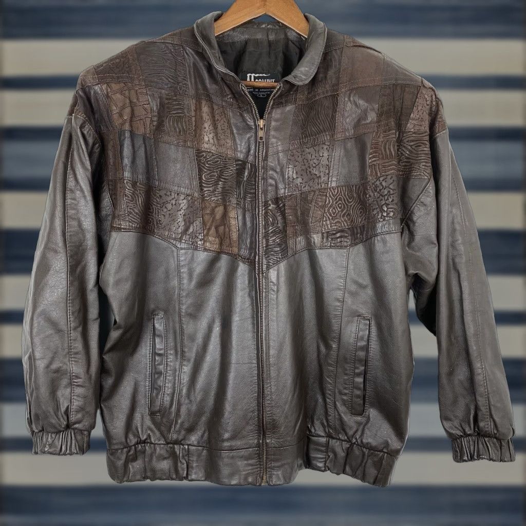 VINTAGE Comint Brown Leather Patchwork Animal Print Full Zip Bomber Jacket Women’s Large