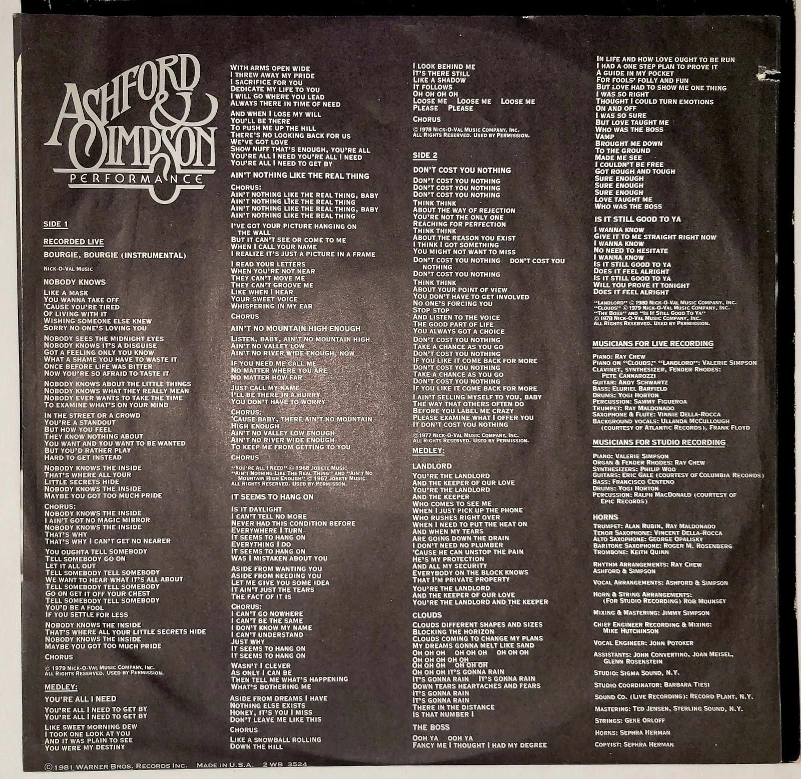 Designer ASHFORD & SIMPSON “ PERFORMANCE “2xLP, Vinyl VG+ Size ONE SIZE - 6 Thumbnail