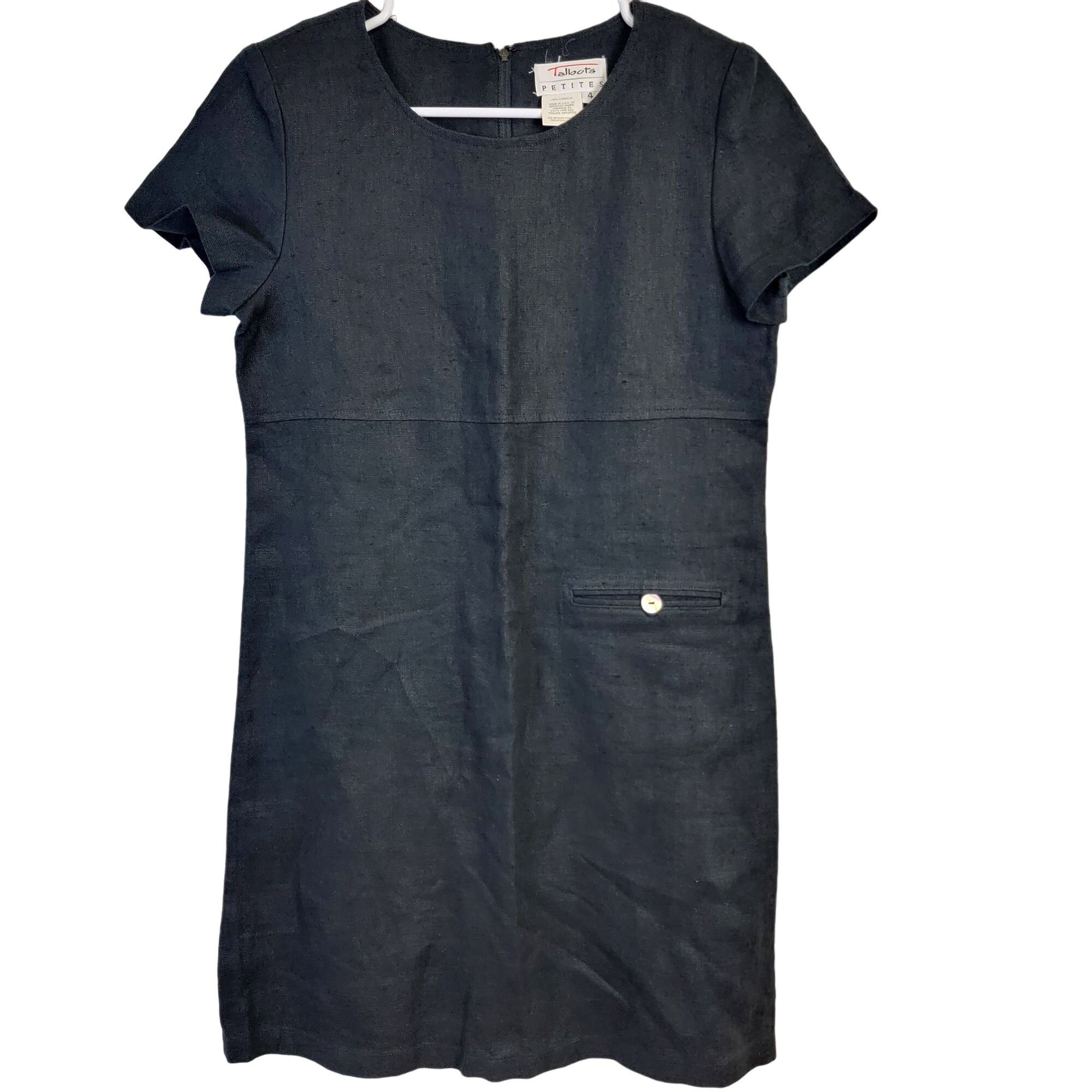 Talbots Vintage 90's Linen Shift Dress Women 4 Black Knee Len (Size Small)