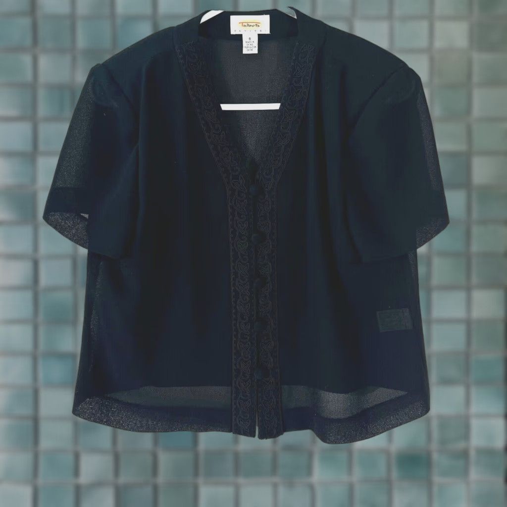 Talbots Talbots Blazer Jacket Petites Womens Short Sleeve Embroidered Edges Black Size 8 Size 30" / US 8 / IT 44 - 1 Thumbnail