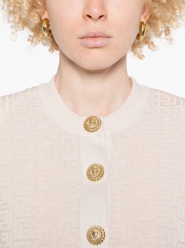 Balmain o1mt1gz0126 Buttoned Glittered Monogram Knit Cardigan Beige Size M / US 6-8 / IT 42-44 - 2 Thumbnail