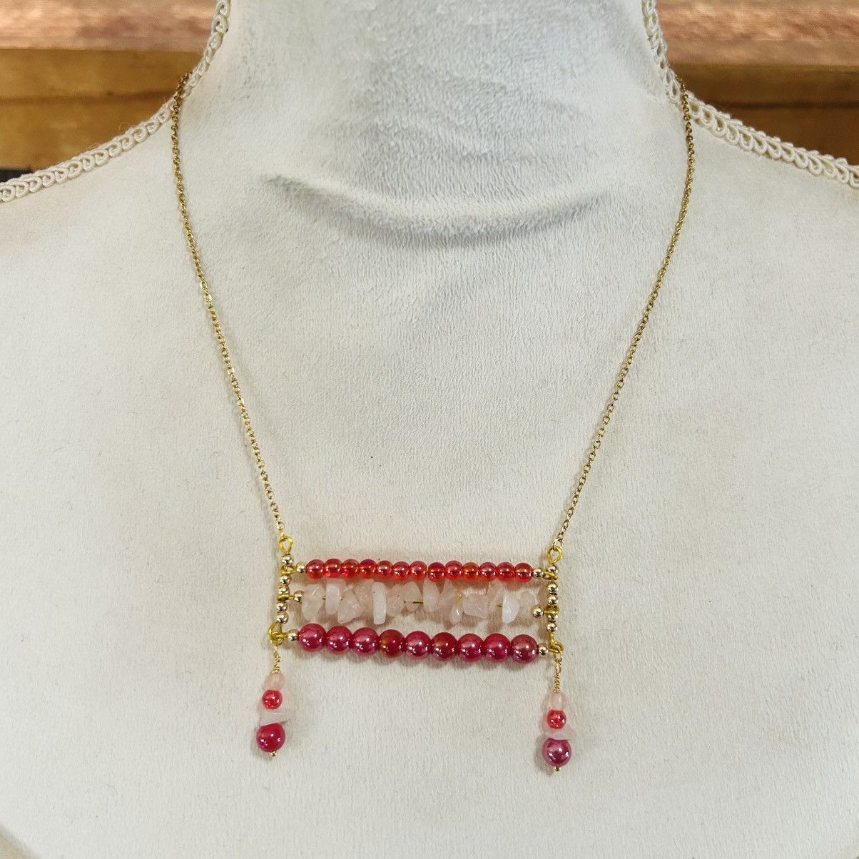 Handmade Handcrafted triple row bar stone rose quartz necklace Size ONE SIZE - 3 Thumbnail