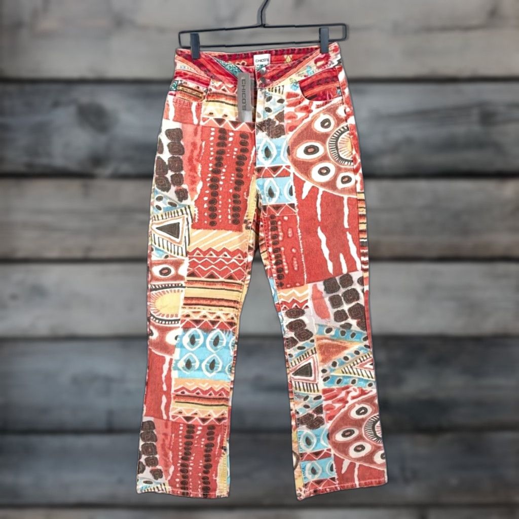 VINTAGE 90s Chico's Women's Jeans Bootcut High Waist 28x26 Geometric Abstract Art Red Dark Pink Retro