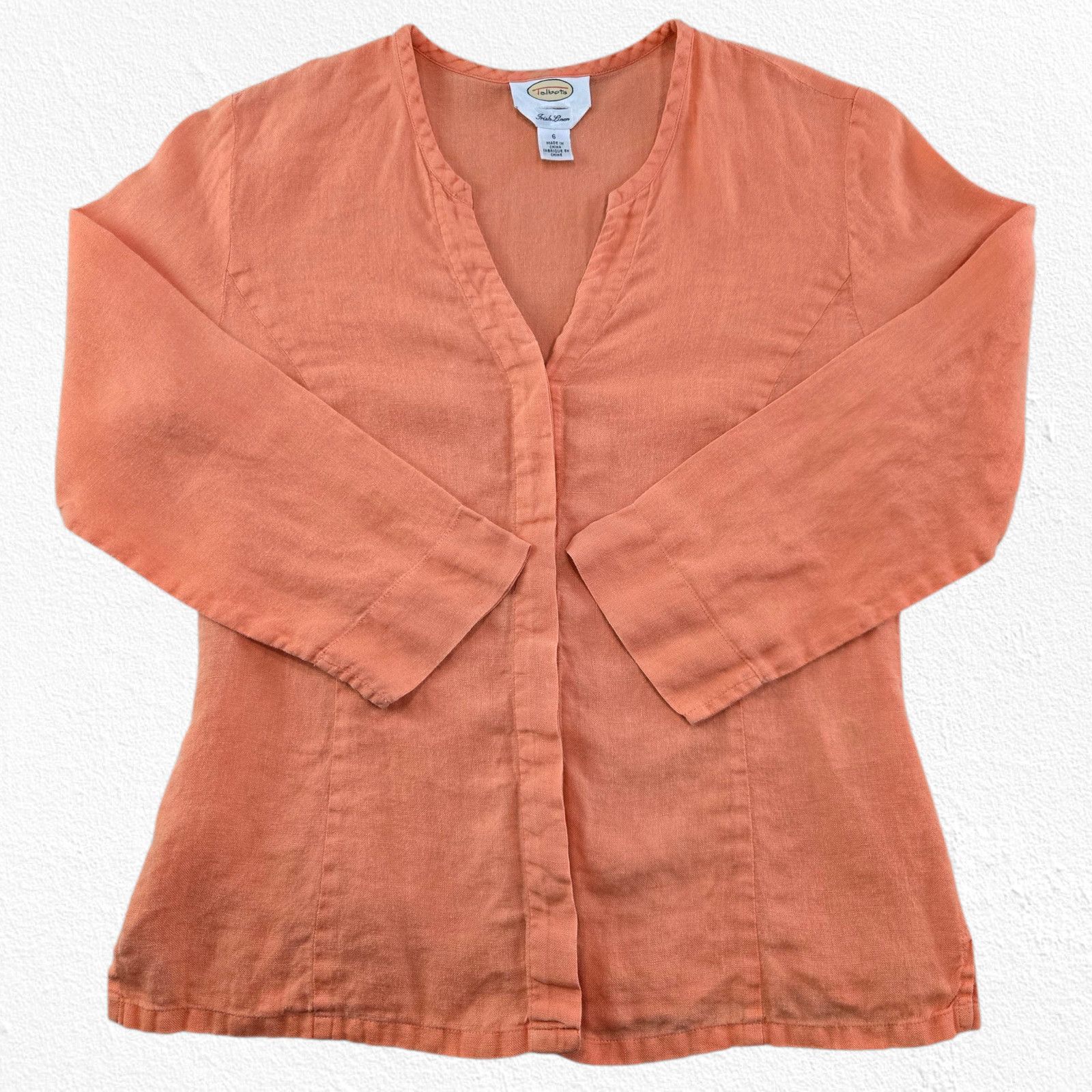 Vintage 90s Orange Irish Linen V-Neck Button Front Top Size 6 Size M / US 6-8 / IT 42-44 - 2 Thumbnail