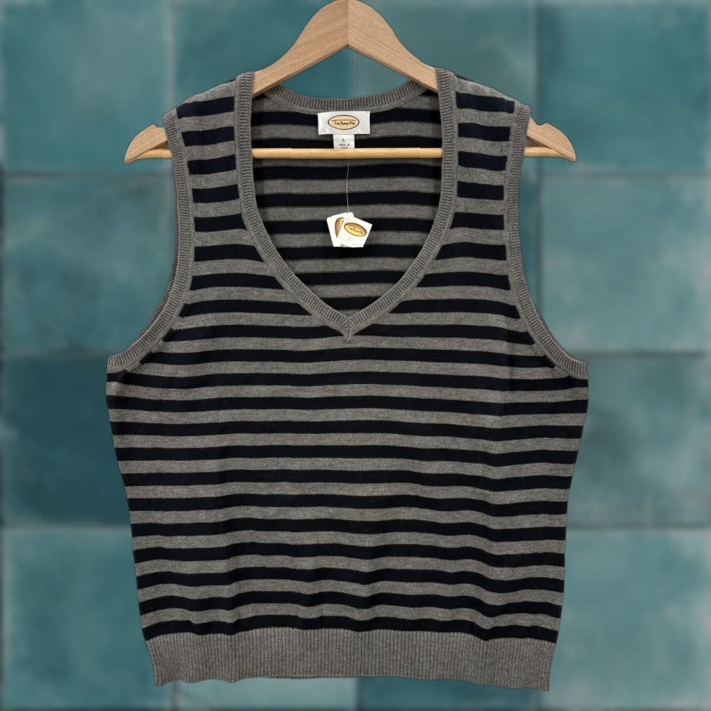 Talbots Talbots Sweater Vest Womens Large Gray Stripe V Neck 100% Cotton Knit Casual NWT Size L / US 10 / IT 46 - 1 Thumbnail