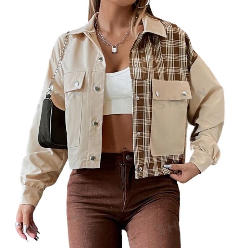 Shein Plaid Panel Flap Pocket Cropped Jacket in Brown, Size M Size M / US 6-8 / IT 42-44 - 1 Thumbnail