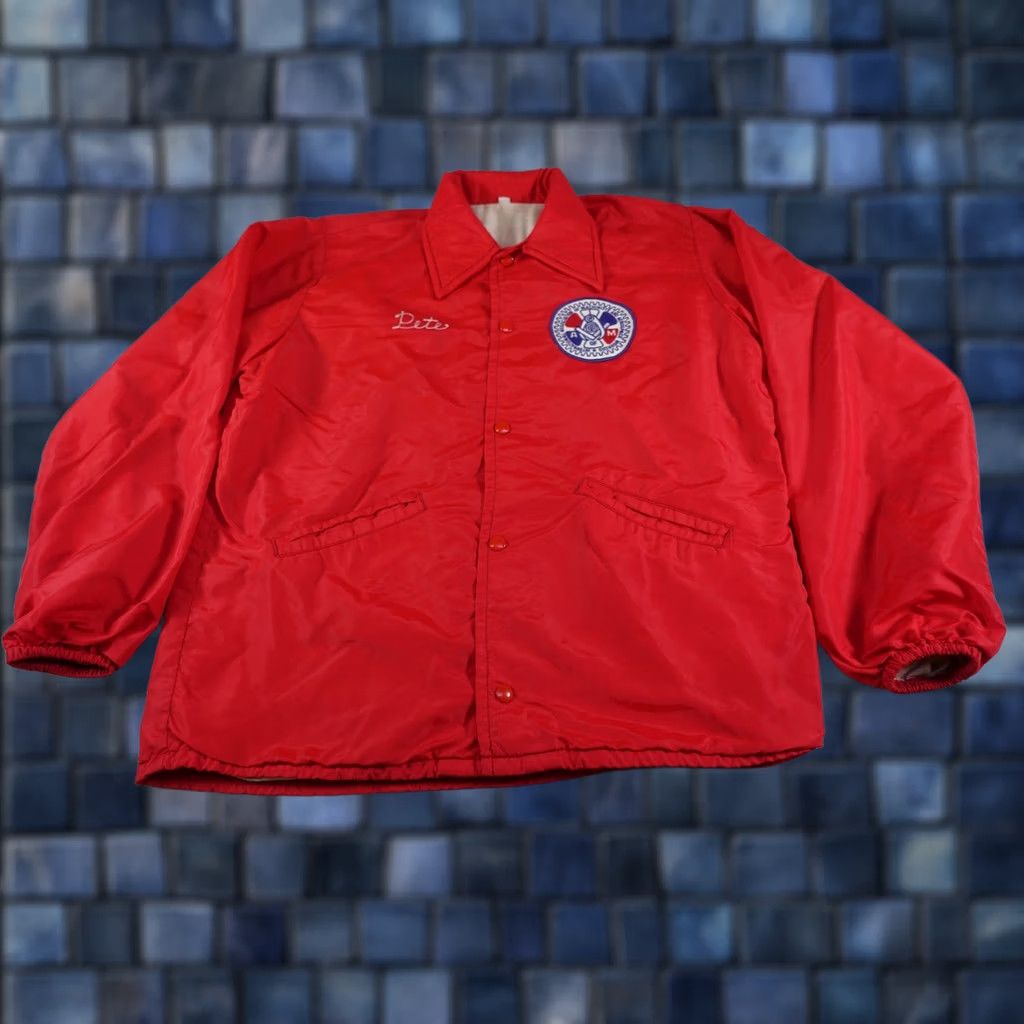 Coach VINTAGE Jacket Mens M Red IAM Machinists Aerospace Workers Snap Coach Contrast Patch Featured Pete Name 90s Workwear Size US M / EU 48-50 / 2 - 1 Thumbnail
