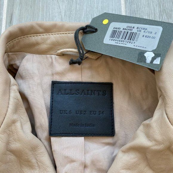 Allsaints NWT All Saints Cole Biker Leather Jacket Sand Brown Sz 2 Size XS / US 0-2 / IT 36-38 - 5 Thumbnail