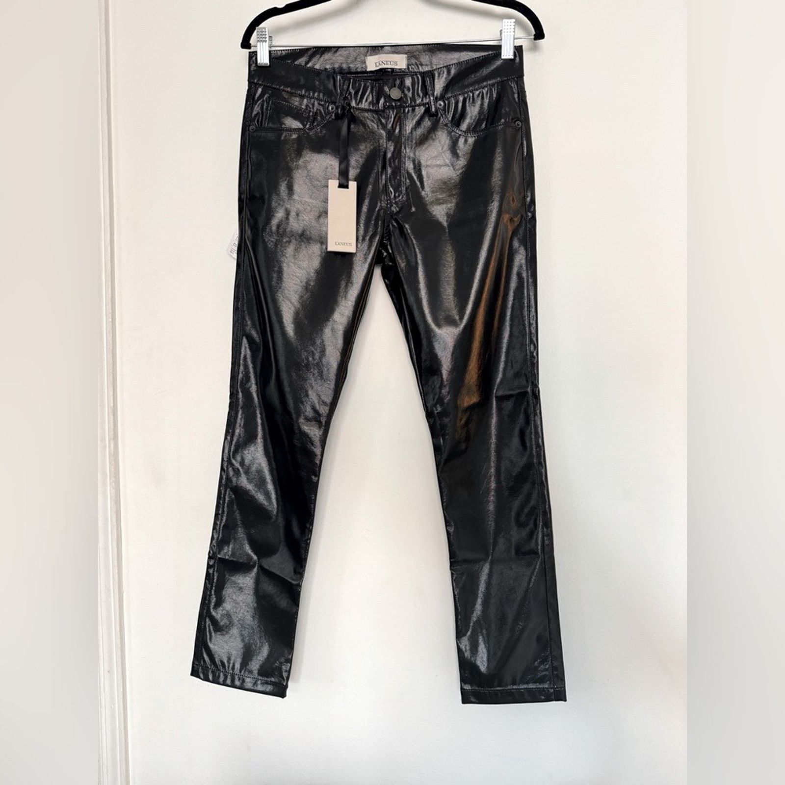 Laneus Laneus NWT Women’s Glossy Black Trousers/ Leather Pants Size 31" - 1 Thumbnail