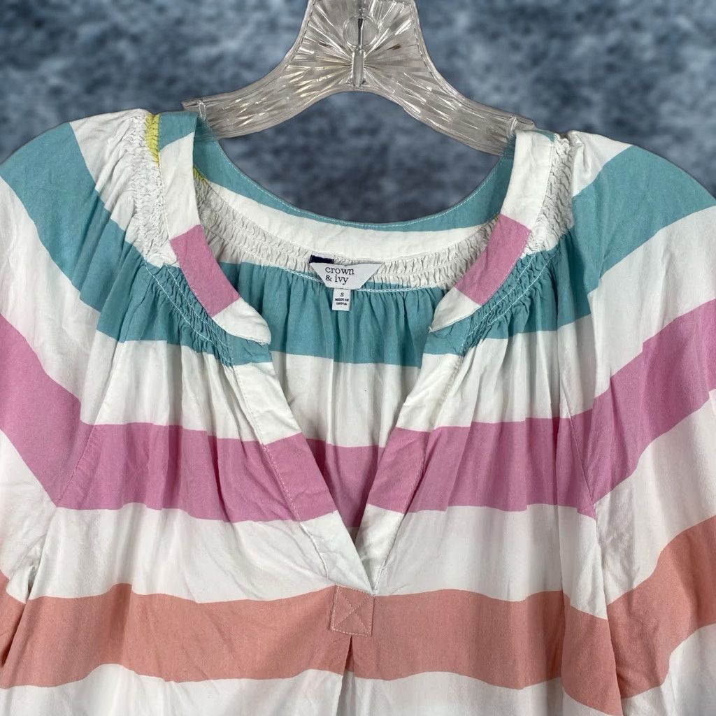Vintage Crown & Ivy Top Womens S Rainbow Striped V Neck 3/4 Sleeve Lightweight Fun Size S / US 4 / IT 40 - 1 Thumbnail