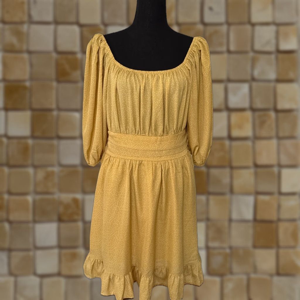 Vintage J.NNA Dress Womens Large Yellow Smocked Balloon Sleeve Knee Length Polyester Fit & Flare Size L / US 10 / IT 46 - 1 Thumbnail