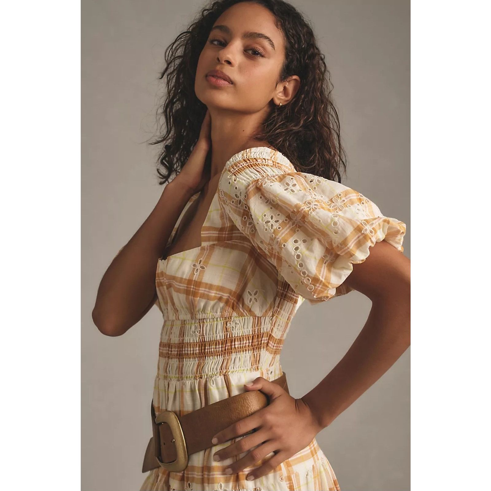 Anthropologie NWT Puff-Sleeve Eyelet Midi Dress $188 X-SMALL Yellow Plaid Size XS / US 0-2 / IT 36-38 - 2 Thumbnail