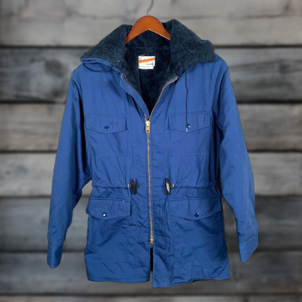 Vintage VINTAGE 80s Parka Coat Mens 38 Dark Blue Zip Up Sherpa Lined Ideal Zipper USA Made Jacket/Coat Size US XXS / EU 40 - 1 Thumbnail