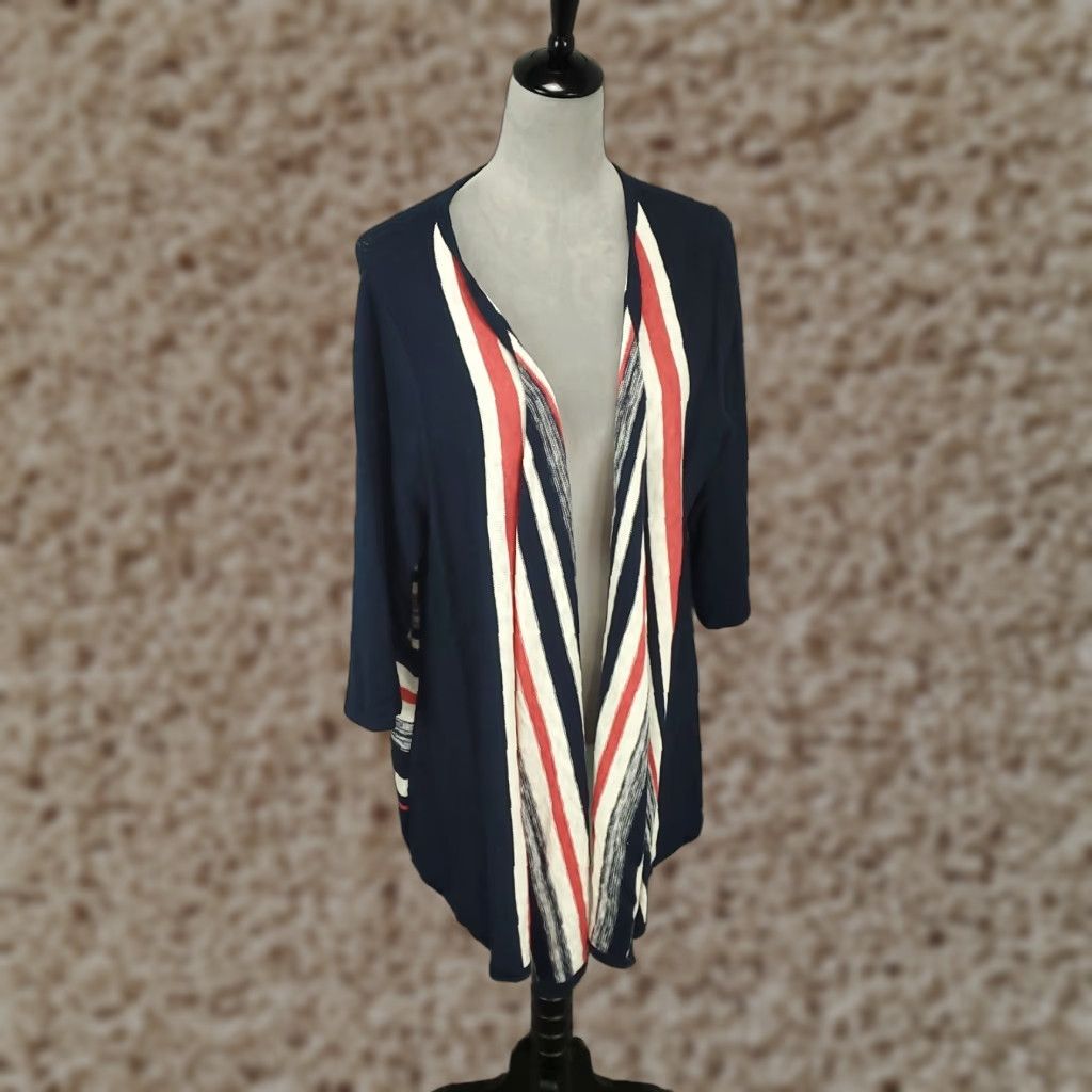 Vintage CATHERINES Women's Cardigan Sweater Open Front Knit Casual Plus Size 1X Navy Blue Red White Trim Size XL / US 12-14 / IT 48-50 - 1 Thumbnail