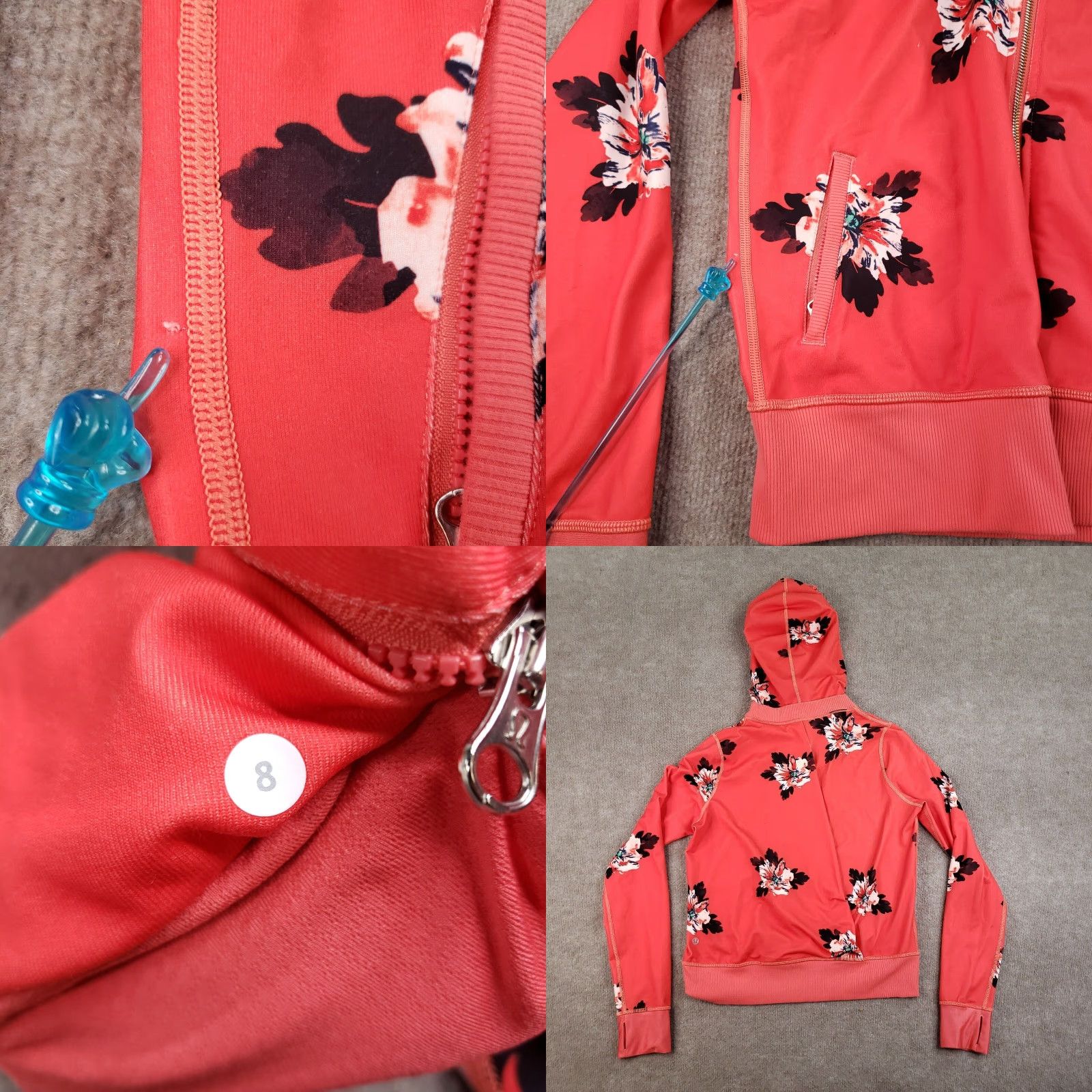 Lululemon Jacket Womens Size 8 Orange Red Full Zip Floral Namaskar Atomic Flower