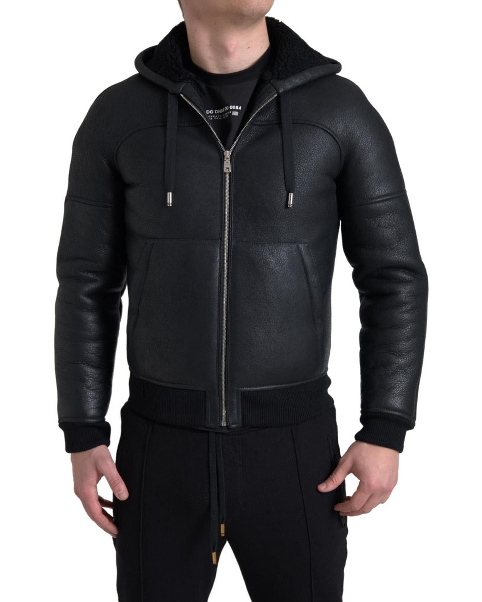 image of Dolce Gabbana Leather Full Zip Hooded Jacket in Black, Men's (Size XS)