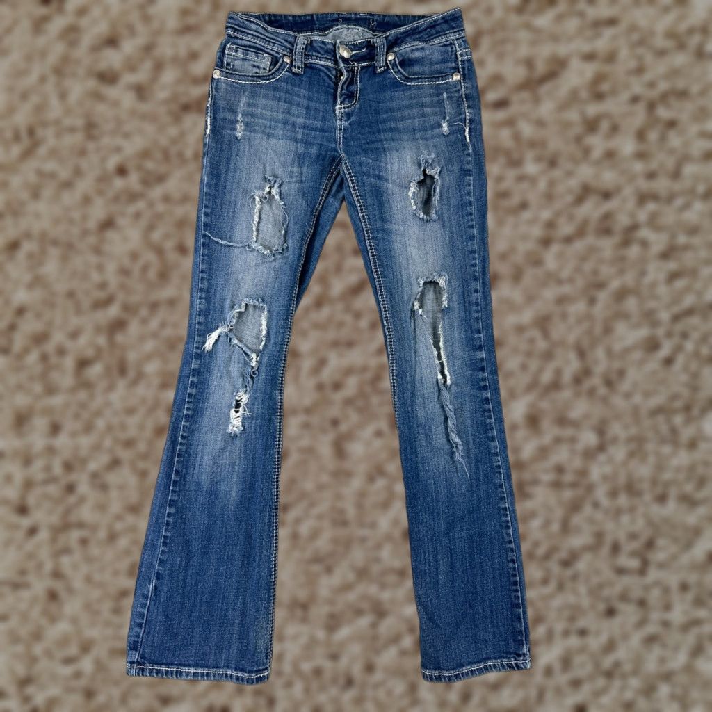 Denime Soundgirl Jeans Womens 5 Blue Denim Flared Distressed Embroidered Rhinestone Cotton Size 27" / US 4 / IT 40 - 1 Thumbnail