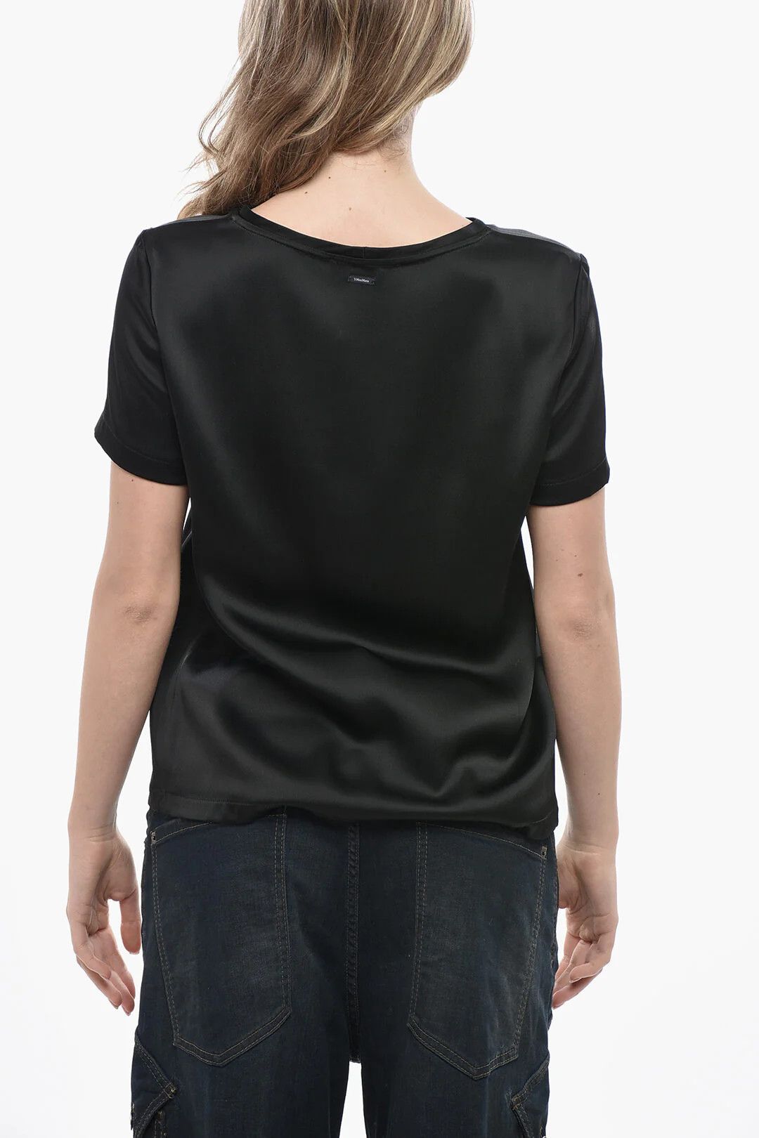 Max Mara og1mm0426 S Satin Crewneck Solid-Color T-Shirt in Black Size S / US 4 / IT 40 - 2 Thumbnail