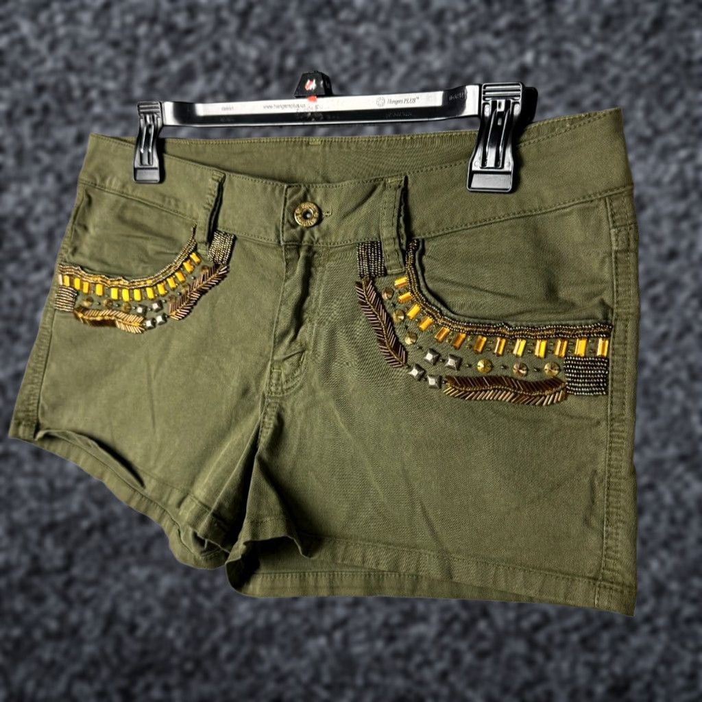Vintage VINTAGE Agua Bendita Shorts Women's 10 Embellished B. Salvaje Short Cotton Green Chino Twill Women's 10 Green Size 32" / US 10 / IT 46 - 1 Thumbnail