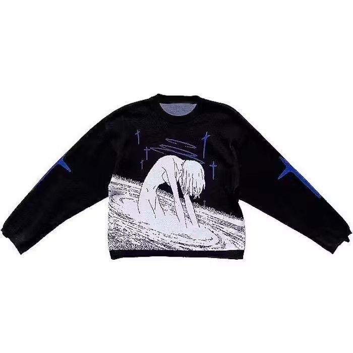 image of Vintage Knitted Anime Black White Sweatshirt in Black/White, Men's (Size Large)