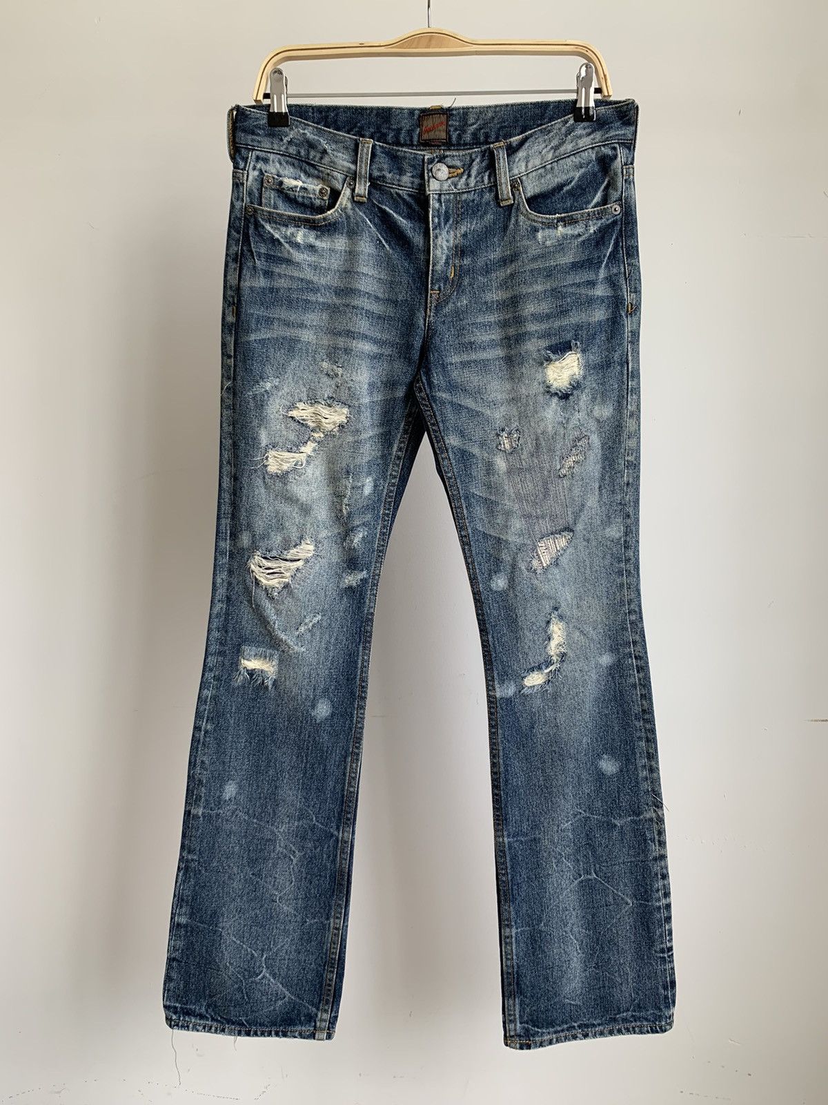 Japanese Brand Jackrose Crash Denim Flared Boot Cut Jeans Size US 31 - 3 Thumbnail