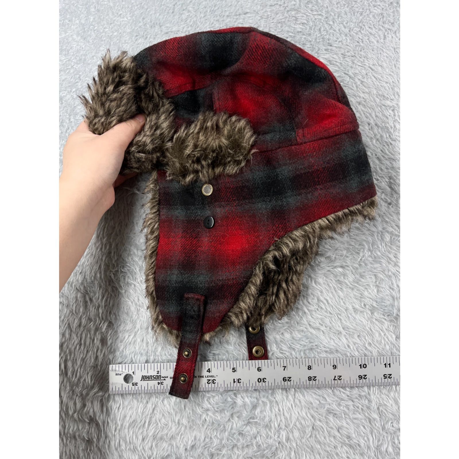Walmart VINTAGE Trapper Hat Men One Size Red Plaid Acrylic Polyester Faux Fur Ear Flap Knit Lightweight Adjustable Casual Hunting Outdoor December 90s? Size ONE SIZE - 4 Thumbnail