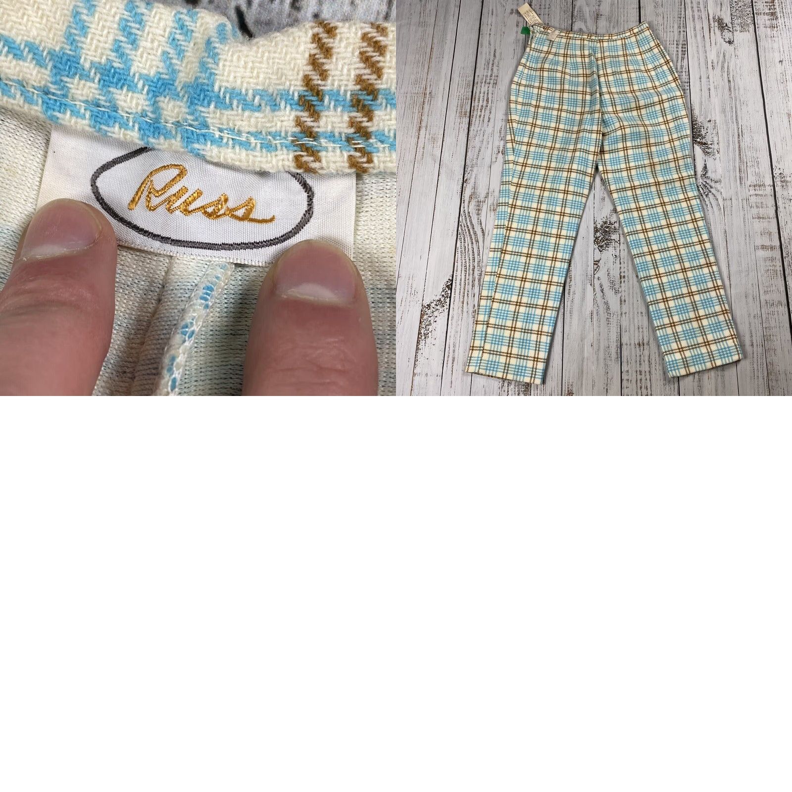 Vintage VINTAGE 1960s Russ Flannel Plaid High Waisted Pants Women's Medium Blue White Brown Clubwear Size 29" - 8 Thumbnail