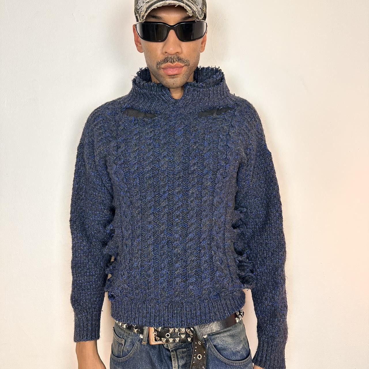 Vintage ASTROBOI* 'Slashed' Navy Cable Knit Wool Grunge Sweater - XL Size US XL / EU 56 / 4 - 2 Thumbnail