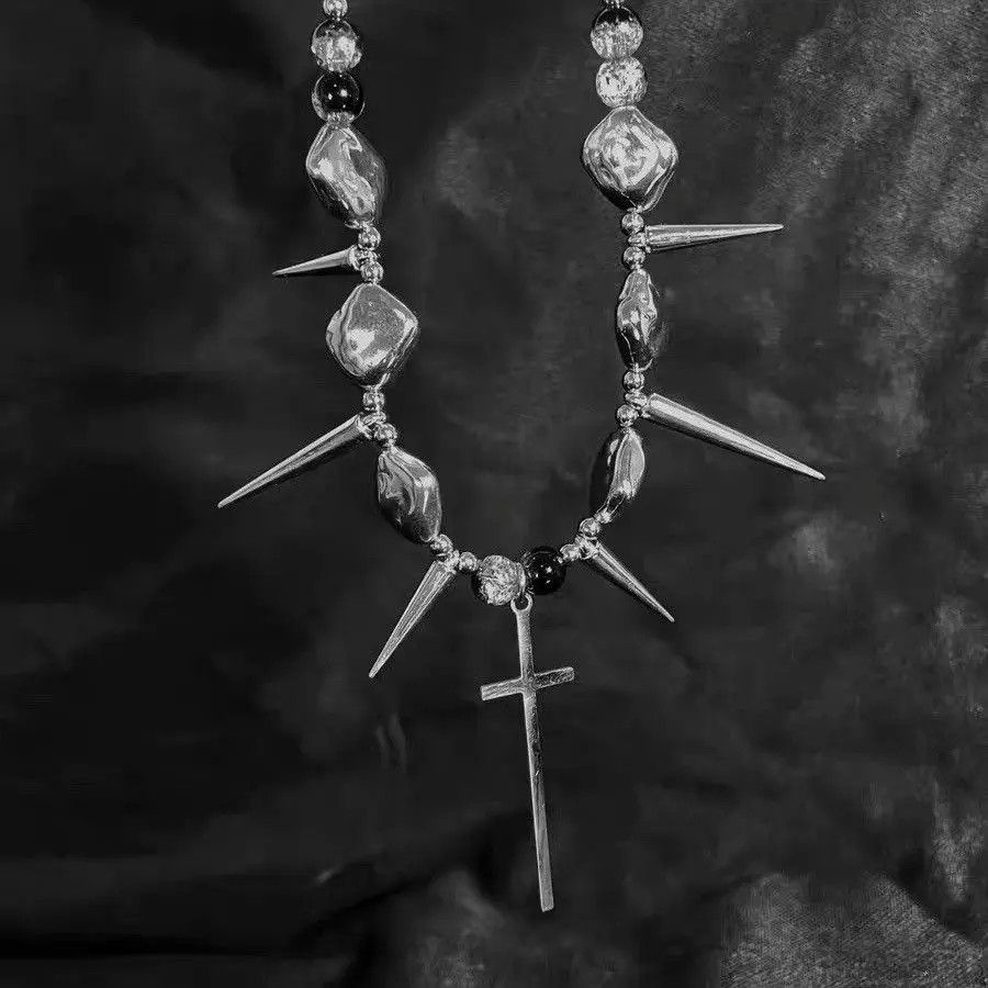 Designer × Jewelry Silver Color Thorns Punk With Cross Necklace Choker Size ONE SIZE - 2 Thumbnail