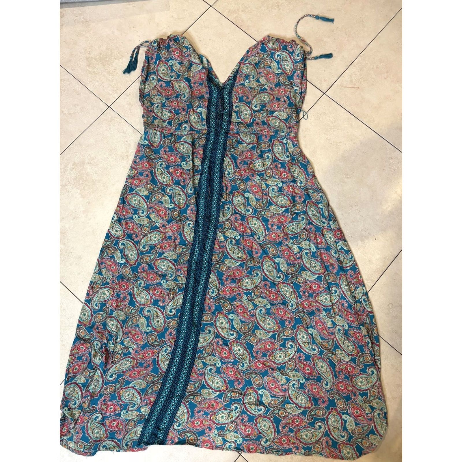 Altea Me 2 Magic Dress Womens M Teal Paisley Boho V-Neck Sleeveless Tassel Straps Sundress Beach Long Multicolor Patterns 90s? Size M / US 6-8 / IT 42-44 - 5 Thumbnail