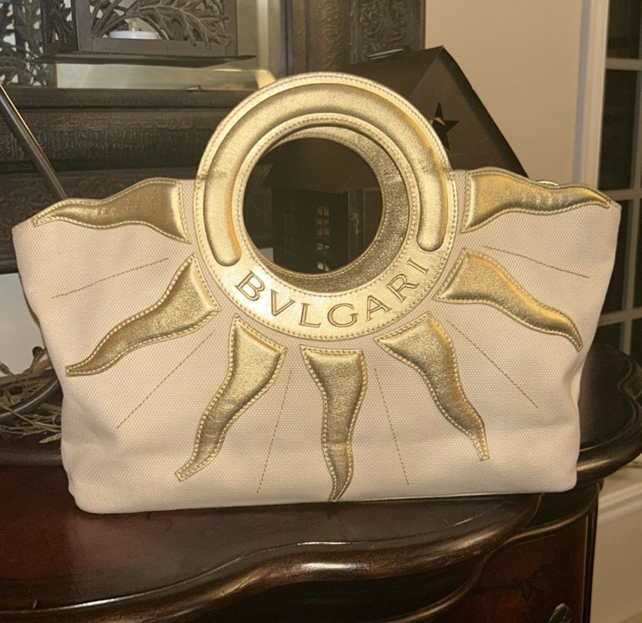 Bvlgari BVLGARI Yellow Sun Golden Leather Trim Canvas Tote Clutch Size ONE SIZE - 2 Thumbnail