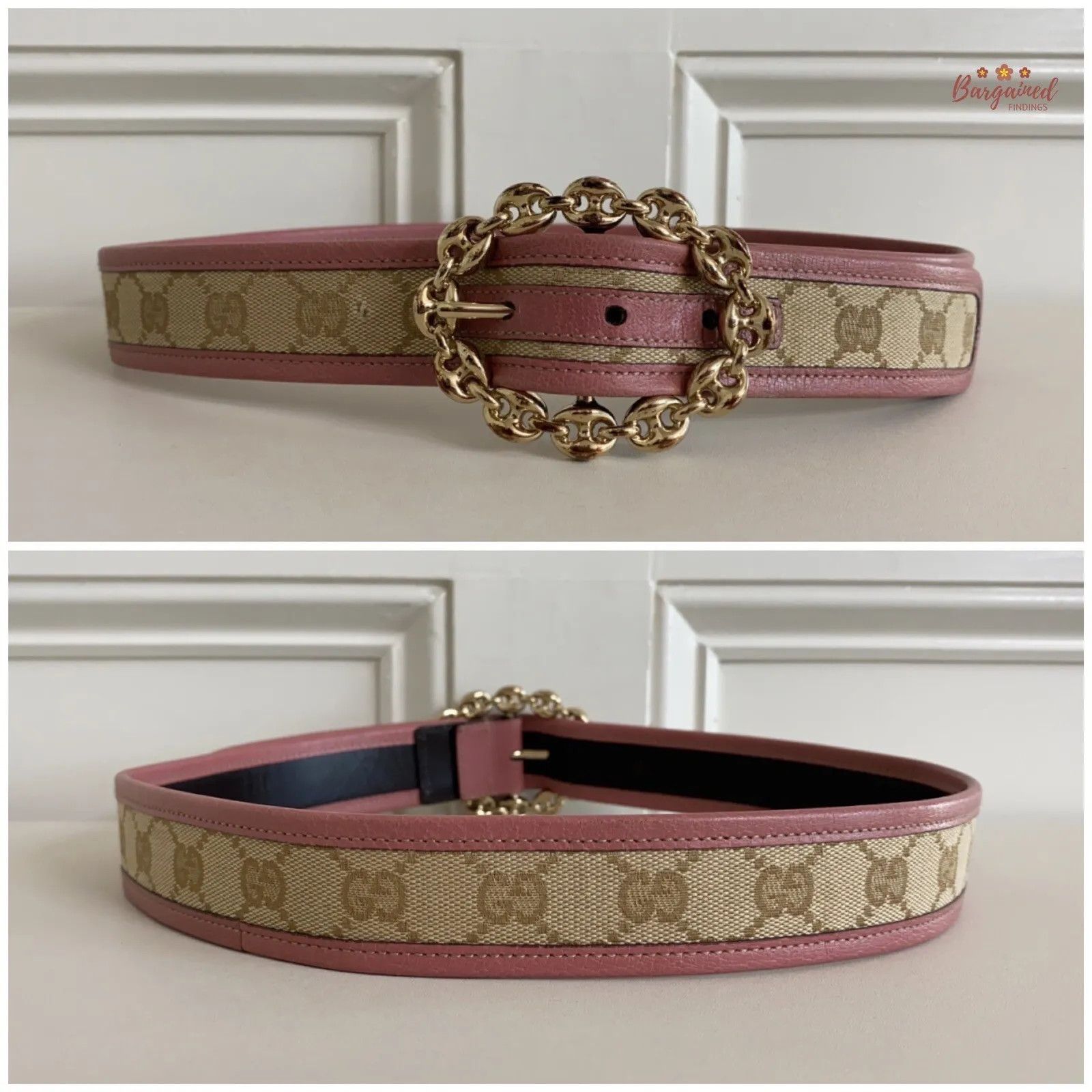 Gucci Gucci Pink Monogram Canvas Leather Gold Chain Buckle Belt Size ONE SIZE - 6 Thumbnail