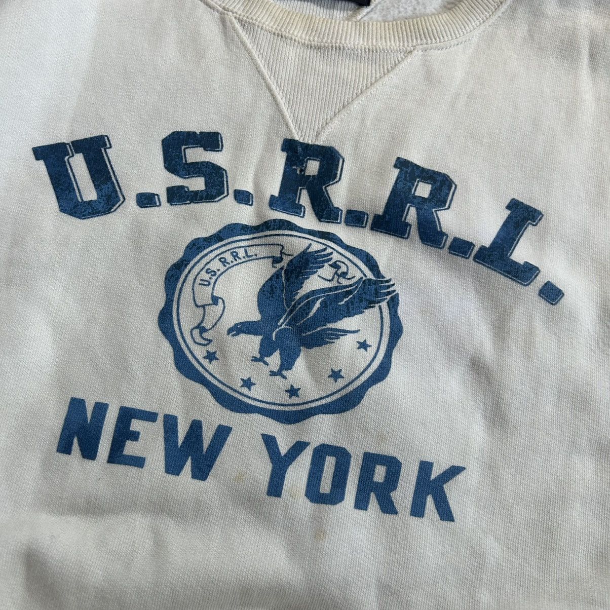 RRL Ralph Lauren 2018 CREAM U.S.R.R.L. MOUNTED COLLAR FOOTBALL CREWNECK BLUE Size US M / EU 48-50 / 2 - 8 Thumbnail