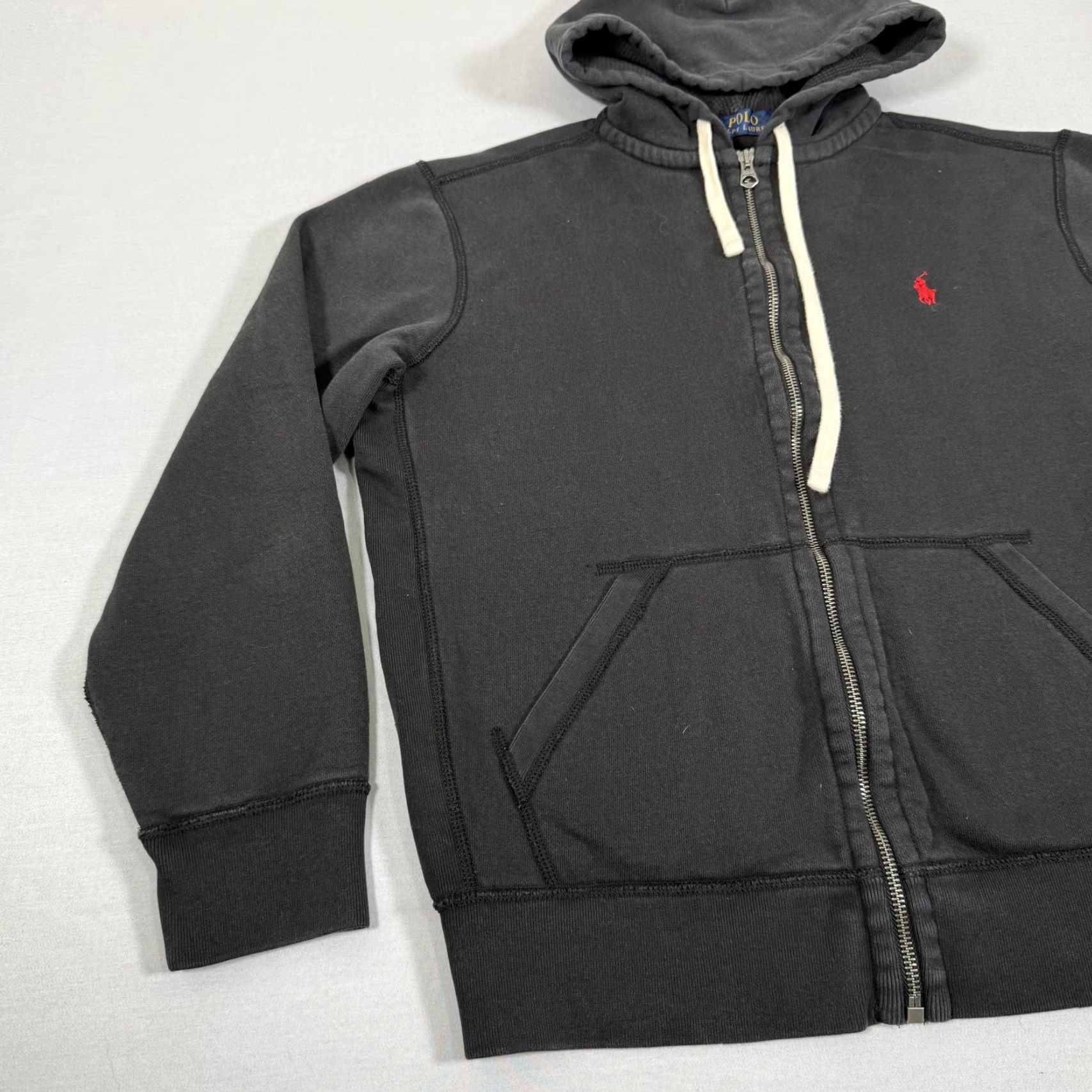 Polo Ralph Lauren Hoodie Mens Medium Black Waffle Thermal Zip Up Sweater Pony
