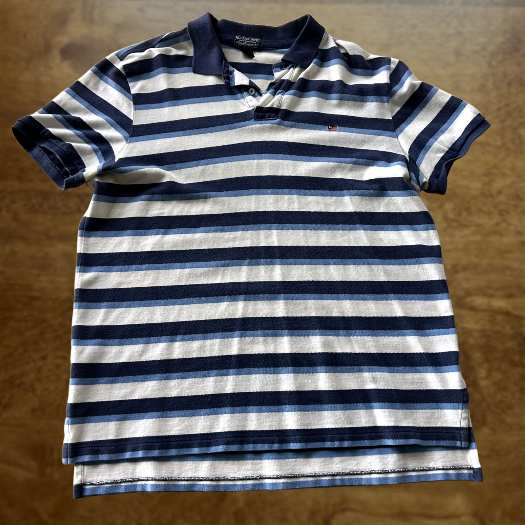 Vintage Polo Jeans Company Shirt Mens XL Blue Striped Short Sleeve RL Flag Logo Polo Size US XL / EU 56 / 4 - 1 Thumbnail