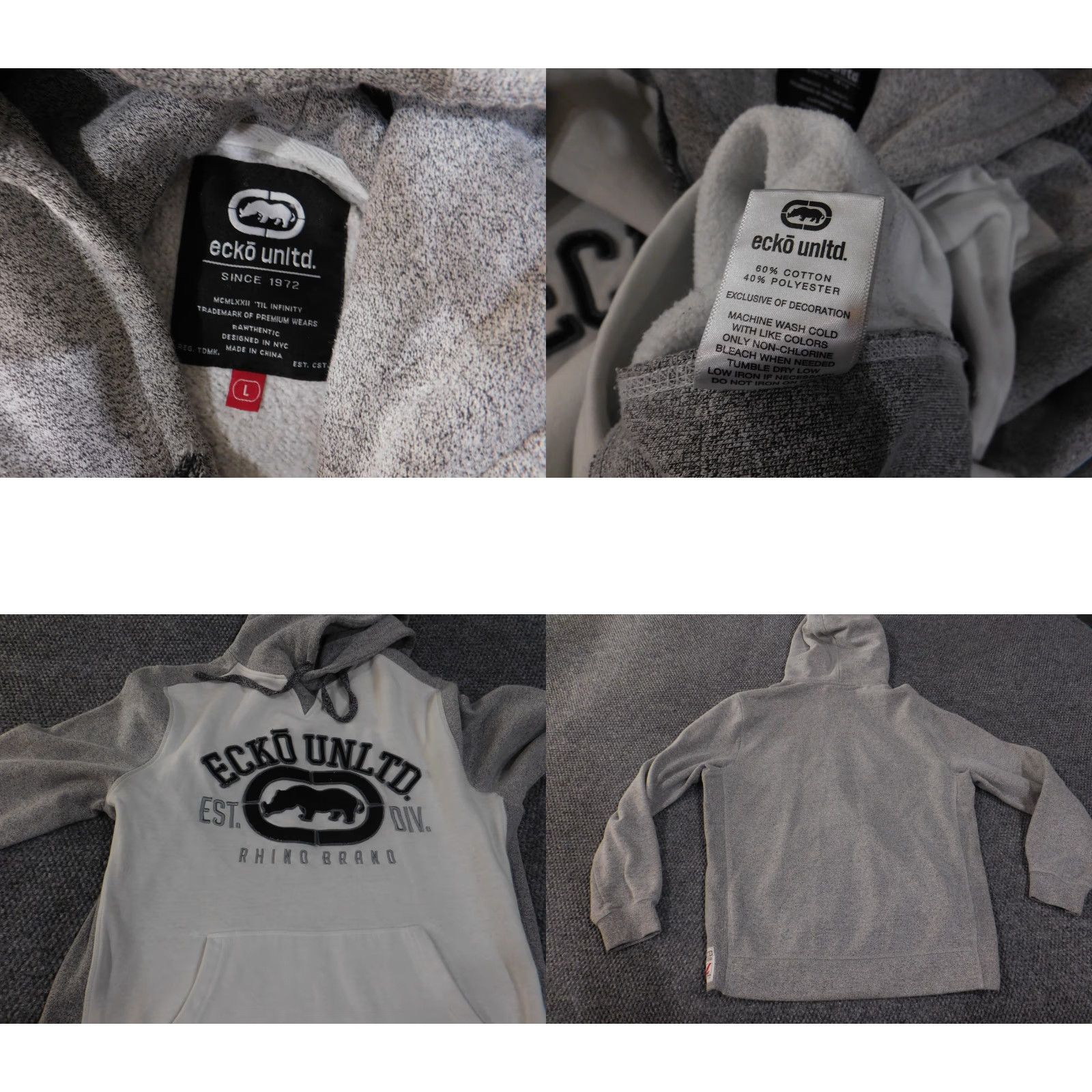 Ecko Unltd. Ecko Unltd Hoodie Mens Large Gray White Pullover Rhino Brand Patch Streetwear Size US L / EU 52-54 / 3 - 8 Thumbnail