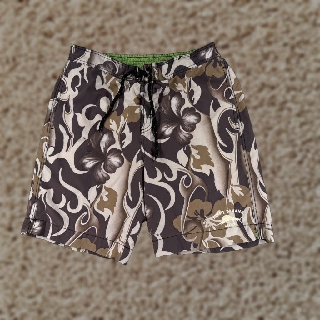 Tommy Bahama Tommy Bahama Board Shorts Men M Brown Gray Floral Elastic Waist Lined Swim Trunk Beach Tropical 90s (if applicable) Mens Size US 31 - 1 Thumbnail