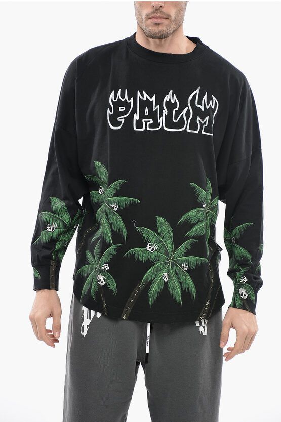 image of Palm Angels Crew-Neck Plant-Motif Oversized T-Shirt in Black, Men's (Size 2XS)