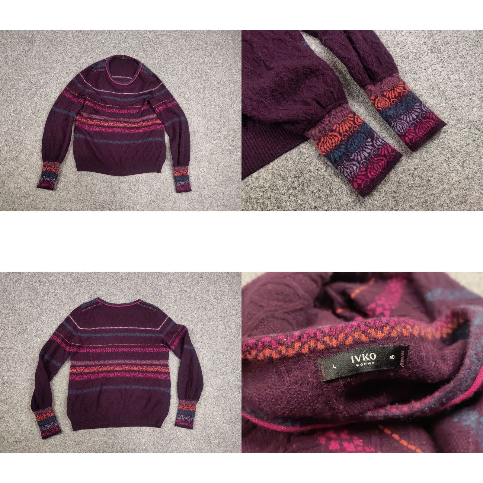 Vintage IVKO Structure pullover pattern Wool blackberry Sweater Size L / US 10 / IT 46 - 9 Thumbnail