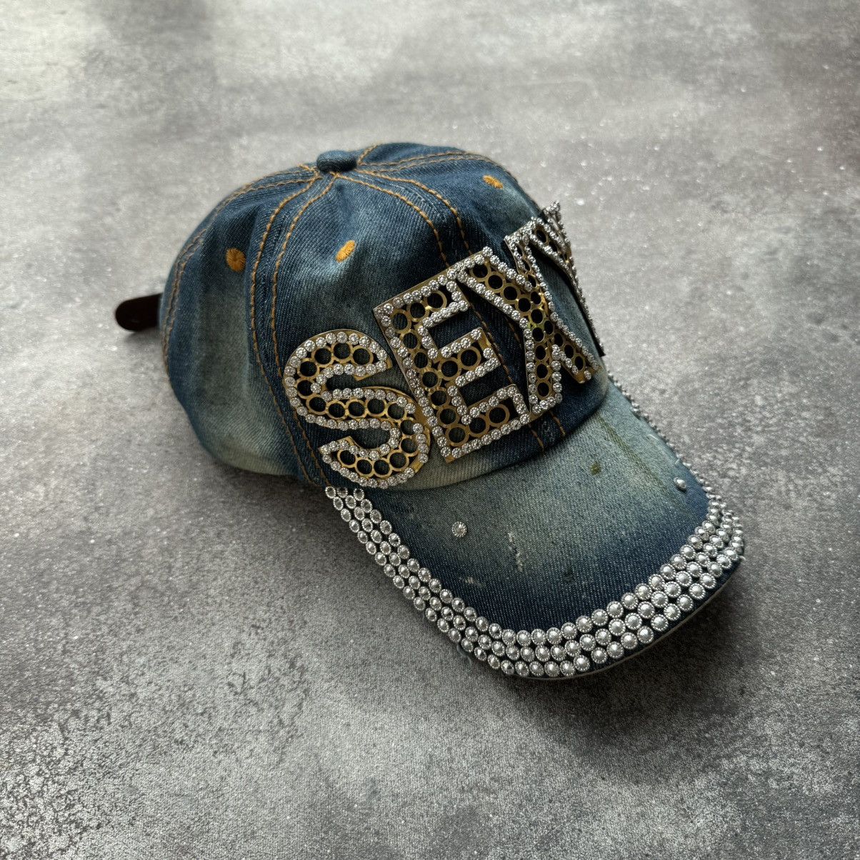 Hysteric Glamour × Japanese Brand × Vintage SEXY Rhinestones Y2K Unisex Washed Denim Cap Size ONE SIZE - 5 Thumbnail