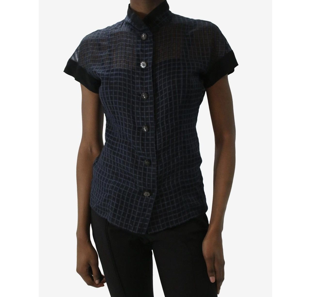 image of Chanel Blue Check Printed Blouse With Camisole Set in Dark Navy, Women's (Size XS)