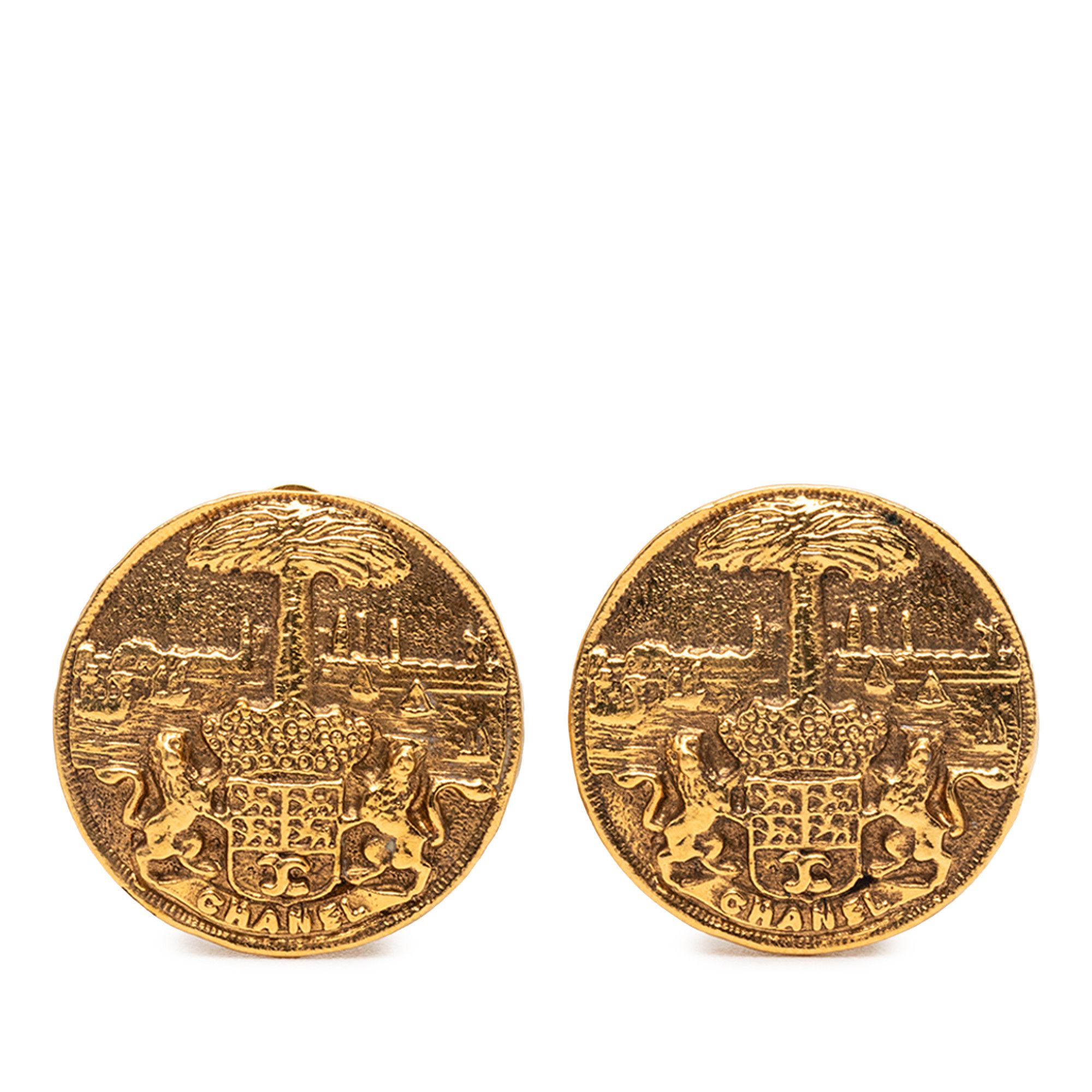 Chanel Chanel Gold Plated Medallion Coat of Arms Clip on Earrings Size ONE SIZE - 1 Thumbnail