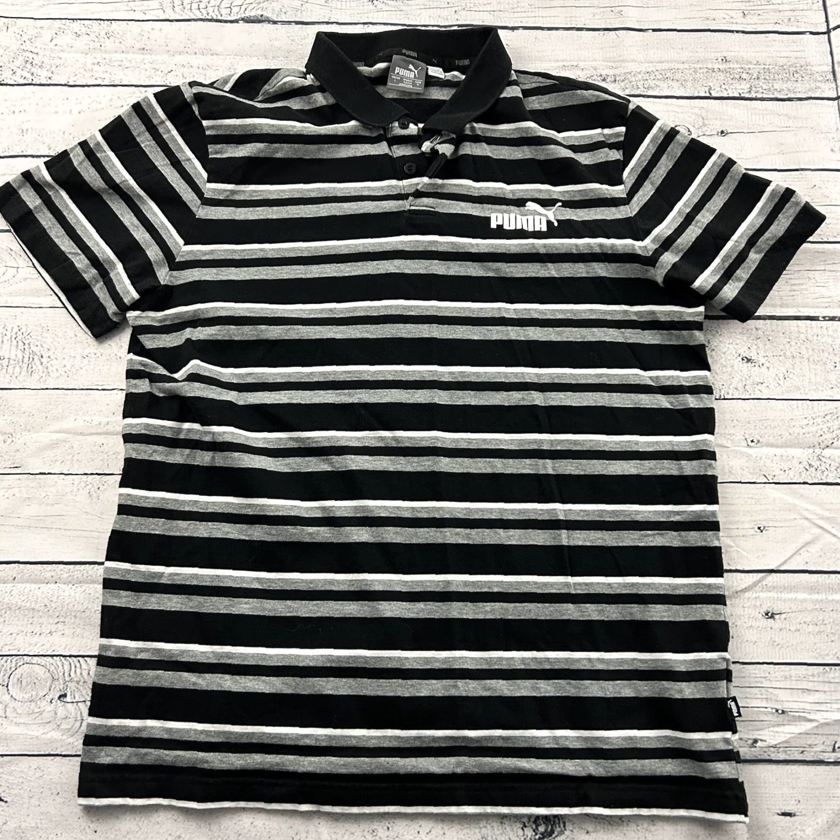 Puma PUMA Striped Short Sleeve Button Front Polo Shirt Men's L Black Gray Size US L / EU 52-54 / 3 - 2 Thumbnail