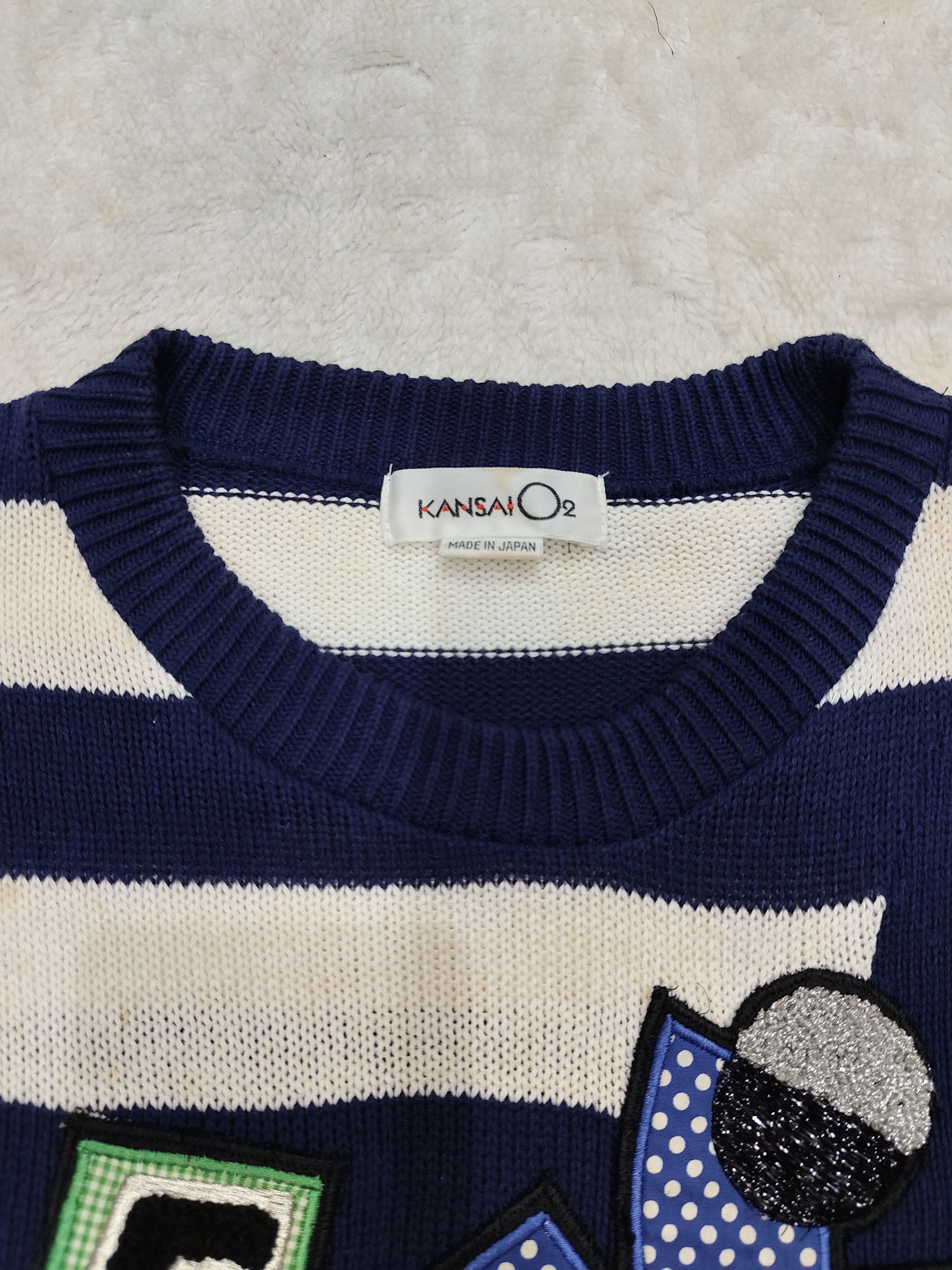 Kansai Yamamoto 80s Kansai O2-Archive Asymmetric Stripe Applique Knit Sweate Size US L / EU 52-54 / 3 - 7 Thumbnail