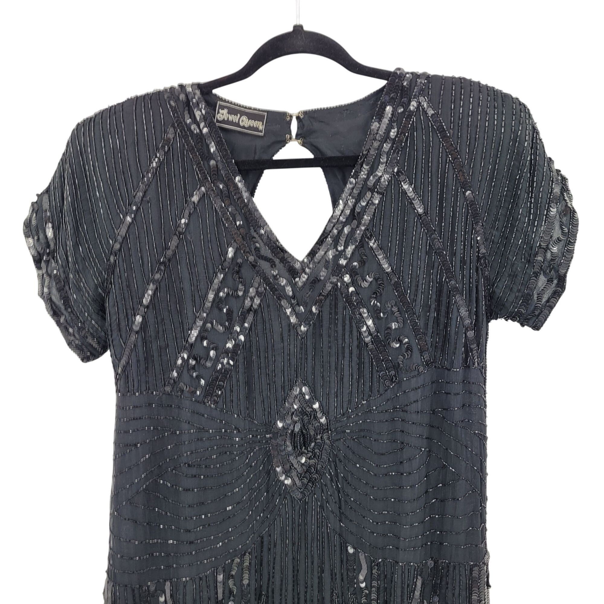 Vintage Vintage 80s Silk Black Beaded Sequined Short Sleeve Flapper Size M / US 6-8 / IT 42-44 - 5 Thumbnail