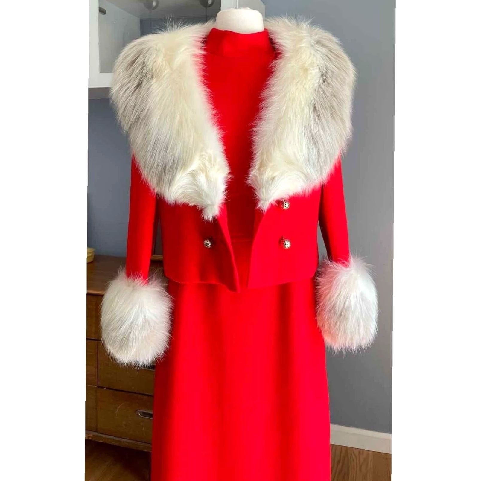 Vintage VINTAGE 60's Bert Schroeder Red Dress & Jacket Suit Fox Fur Trim Wool 100% Size M/L Women/Mens Cocktail Vintage 1960s Sheath Size M / US 6-8 / IT 42-44 - 3 Thumbnail